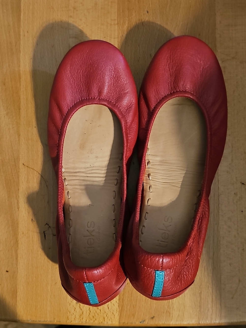 Tieks Red Leather Ballet Flats with Teal Heel Tab